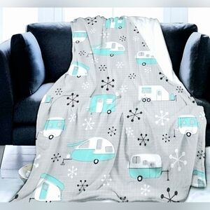 Happy Camper Fleece Throw Blanket 50x40 Turquoise Trailer Print Soft Cozy